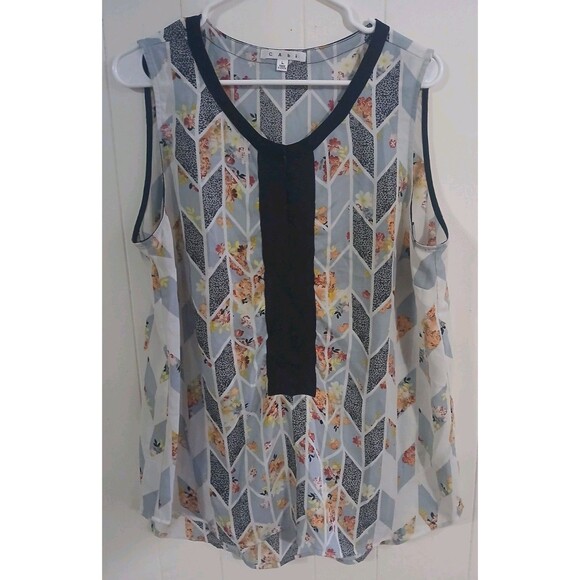 Cabi Large Spring Grosgrain Ribbon Floral Geo Print Blouse Romantic Cottage - Picture 1 of 5